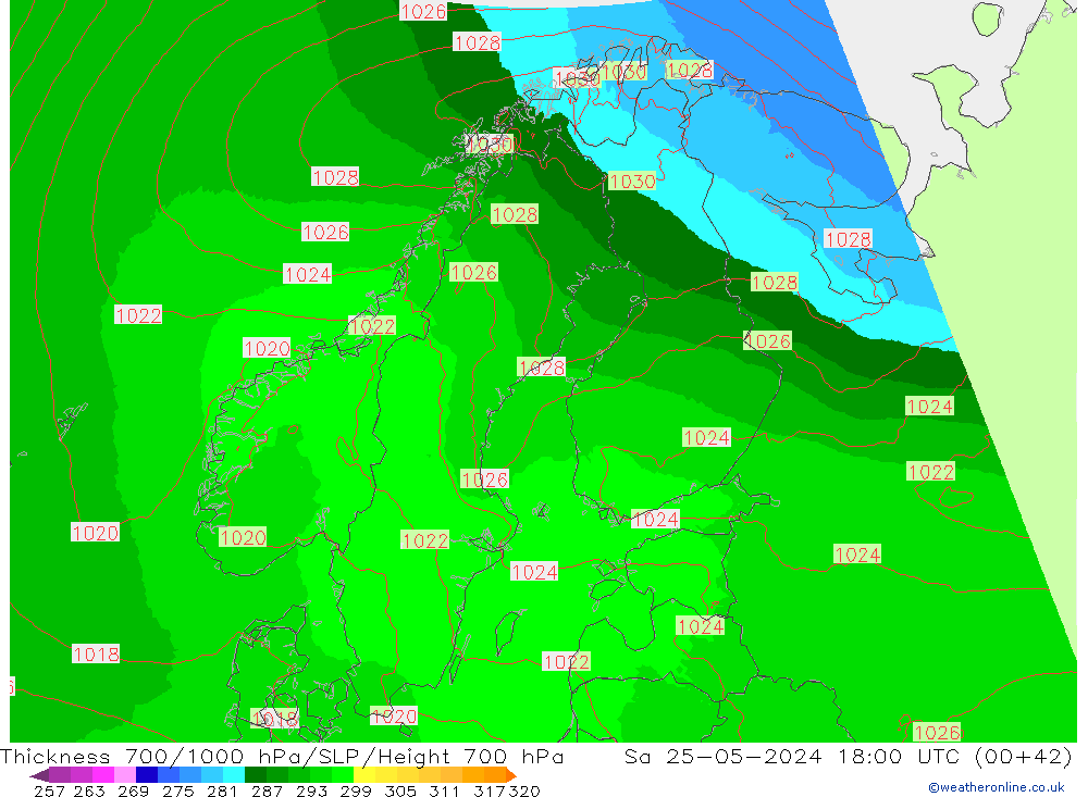 Espesor 700-1000 hPa UK-Global sáb 25.05.2024 18 UTC