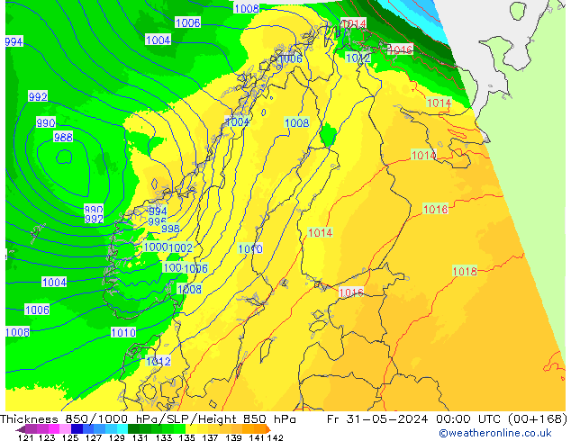 Schichtdicke 850-1000 hPa UK-Global Fr 31.05.2024 00 UTC