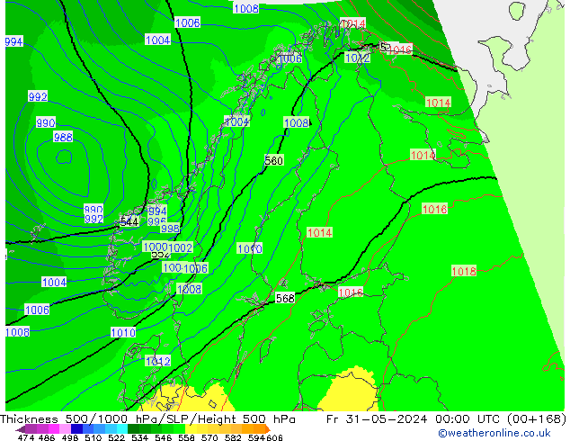 Thck 500-1000hPa UK-Global Fr 31.05.2024 00 UTC