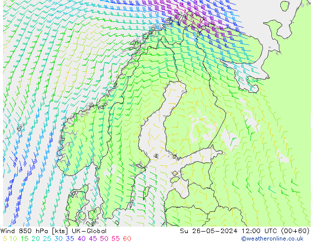 wiatr 850 hPa UK-Global nie. 26.05.2024 12 UTC