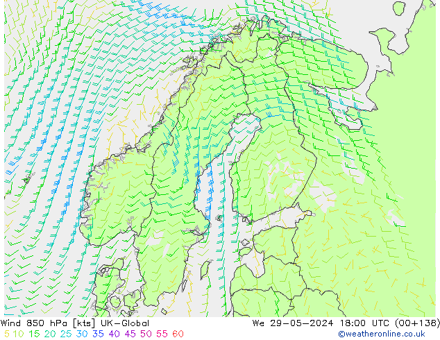 ветер 850 гПа UK-Global ср 29.05.2024 18 UTC