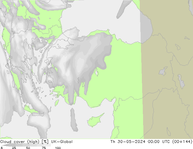 Cloud cover (high) UK-Global Th 30.05.2024 00 UTC