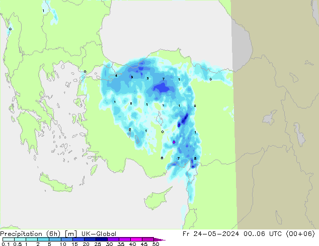 Precipitazione (6h) UK-Global ven 24.05.2024 06 UTC
