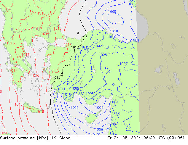 Pressione al suolo UK-Global ven 24.05.2024 06 UTC