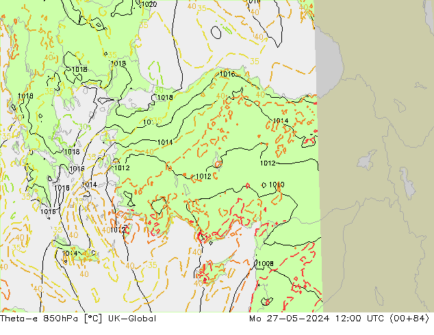 Theta-e 850hPa UK-Global pon. 27.05.2024 12 UTC