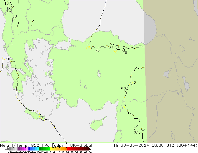 Height/Temp. 950 hPa UK-Global Th 30.05.2024 00 UTC