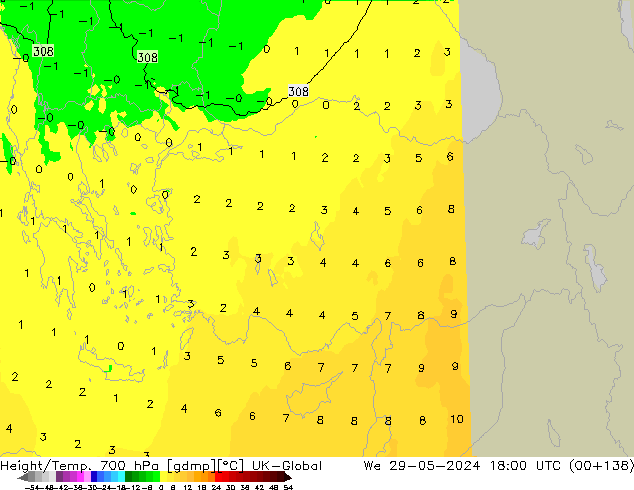 Height/Temp. 700 hPa UK-Global We 29.05.2024 18 UTC