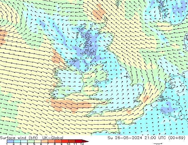 Surface wind (bft) UK-Global Su 26.05.2024 21 UTC