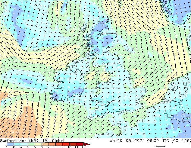 Surface wind (bft) UK-Global St 29.05.2024 06 UTC