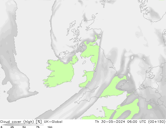 Cloud cover (high) UK-Global Th 30.05.2024 06 UTC