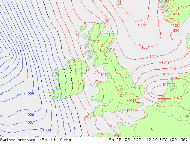 Presión superficial UK-Global sáb 25.05.2024 12 UTC