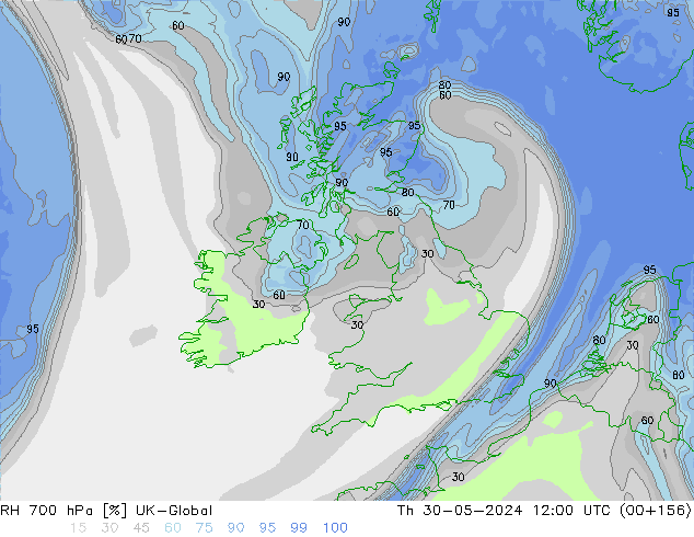 Humidité rel. 700 hPa UK-Global jeu 30.05.2024 12 UTC