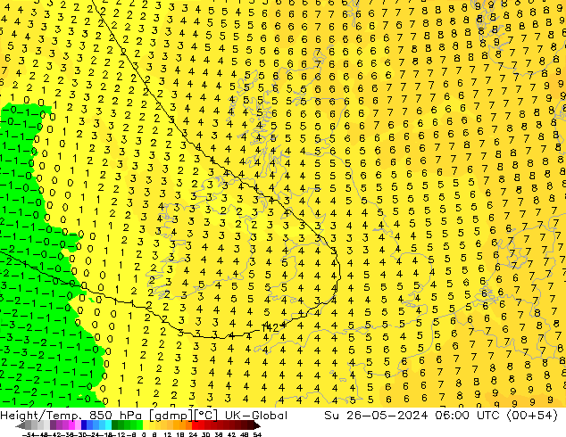 Hoogte/Temp. 850 hPa UK-Global zo 26.05.2024 06 UTC