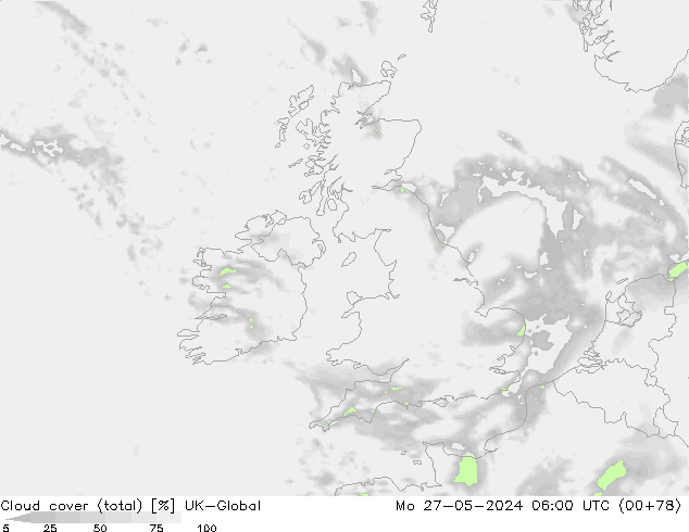 Cloud cover (total) UK-Global Mo 27.05.2024 06 UTC