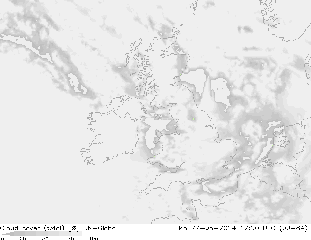 Bewolking (Totaal) UK-Global ma 27.05.2024 12 UTC