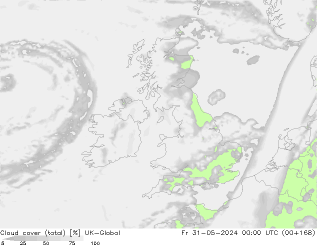 Cloud cover (total) UK-Global Fr 31.05.2024 00 UTC
