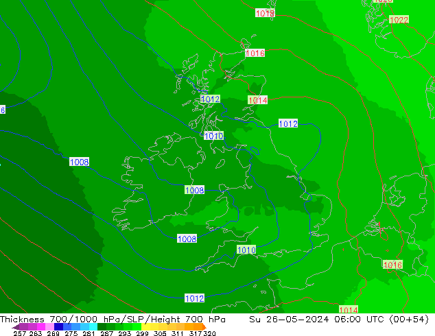 Thck 700-1000 hPa UK-Global dom 26.05.2024 06 UTC