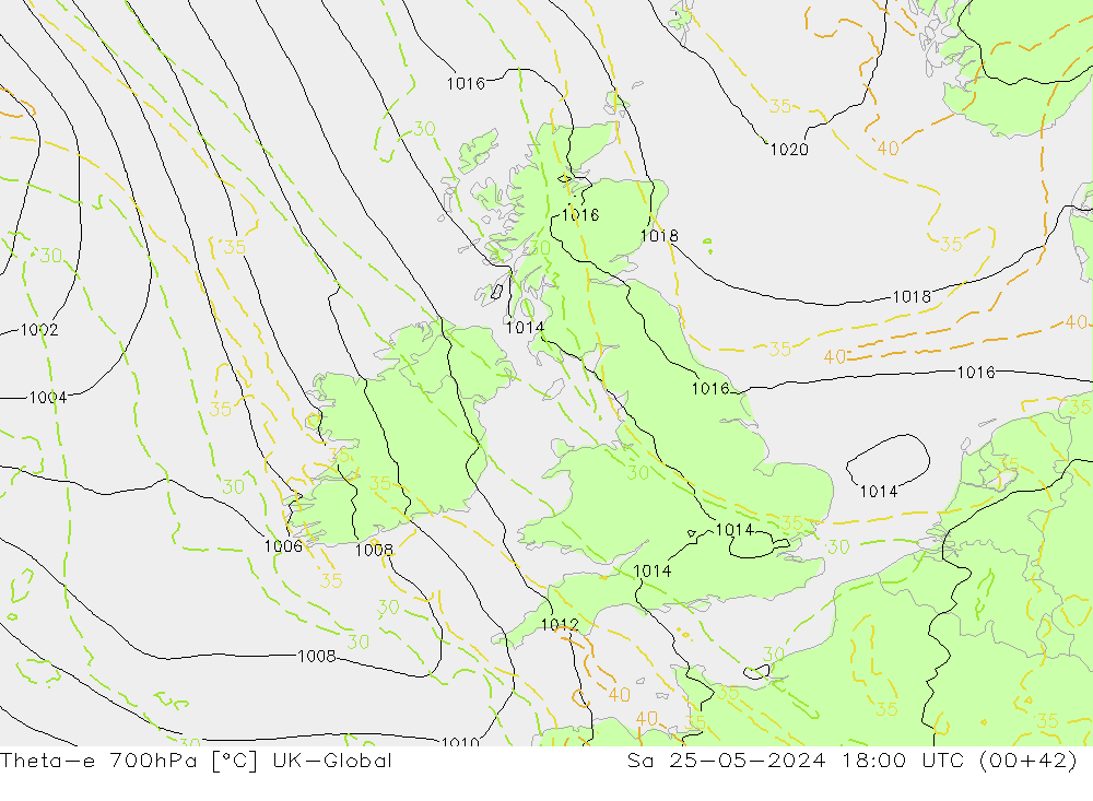 Theta-e 700hPa UK-Global Cts 25.05.2024 18 UTC