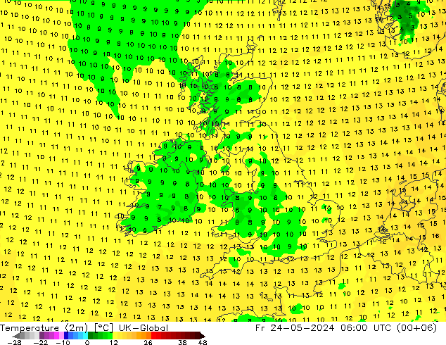 Temperatuurkaart (2m) UK-Global vr 24.05.2024 06 UTC