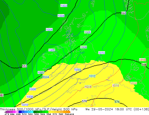 Espesor 500-1000 hPa UK-Global mié 29.05.2024 18 UTC