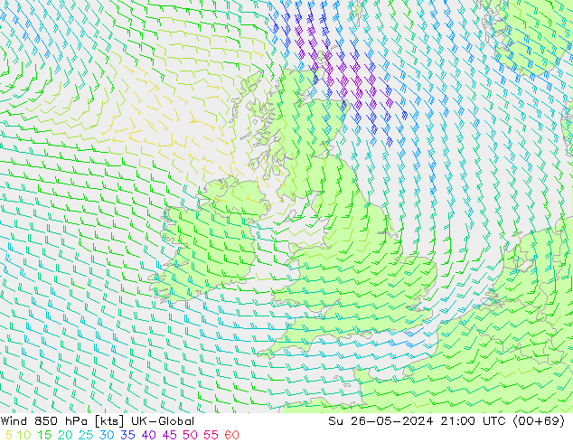 Wind 850 hPa UK-Global zo 26.05.2024 21 UTC