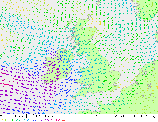 Wind 850 hPa UK-Global Út 28.05.2024 00 UTC