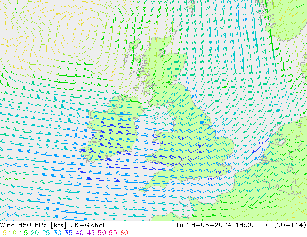 Wind 850 hPa UK-Global Tu 28.05.2024 18 UTC