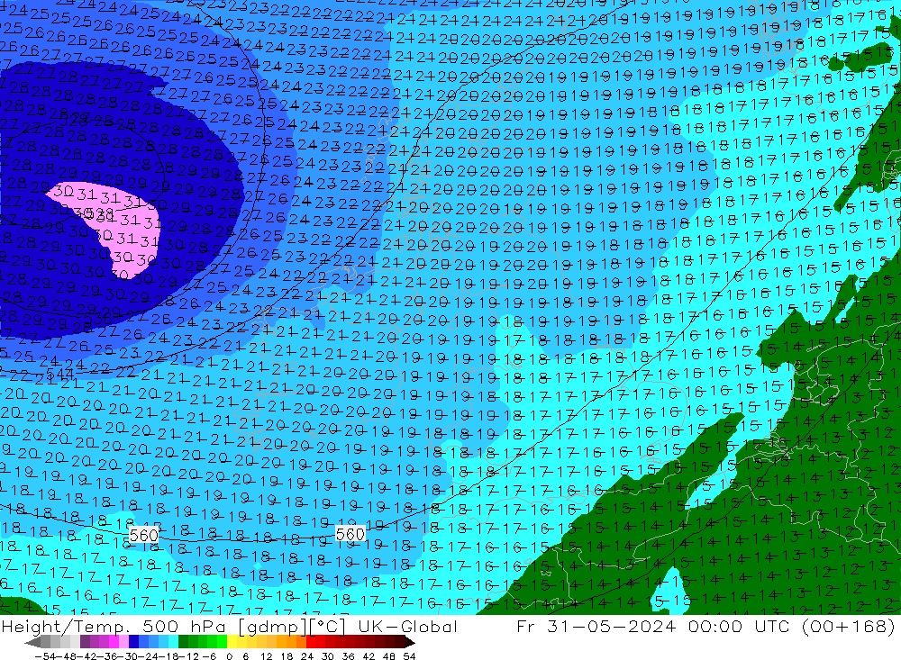 Height/Temp. 500 hPa UK-Global Fr 31.05.2024 00 UTC