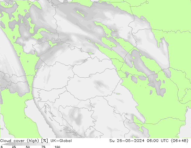 Cloud cover (high) UK-Global Su 26.05.2024 06 UTC