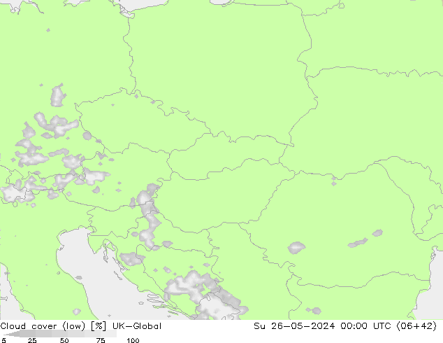 Cloud cover (low) UK-Global Su 26.05.2024 00 UTC