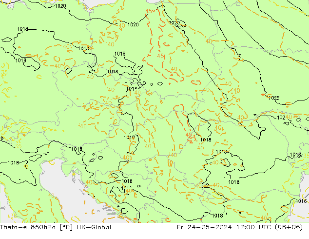 Theta-e 850hPa UK-Global Fr 24.05.2024 12 UTC