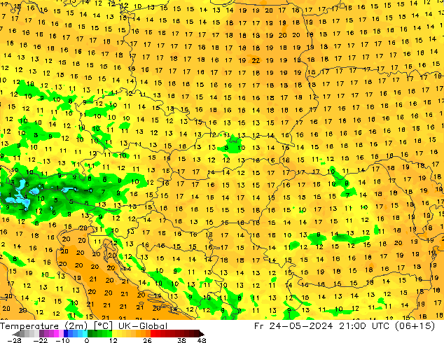 Temperatuurkaart (2m) UK-Global vr 24.05.2024 21 UTC