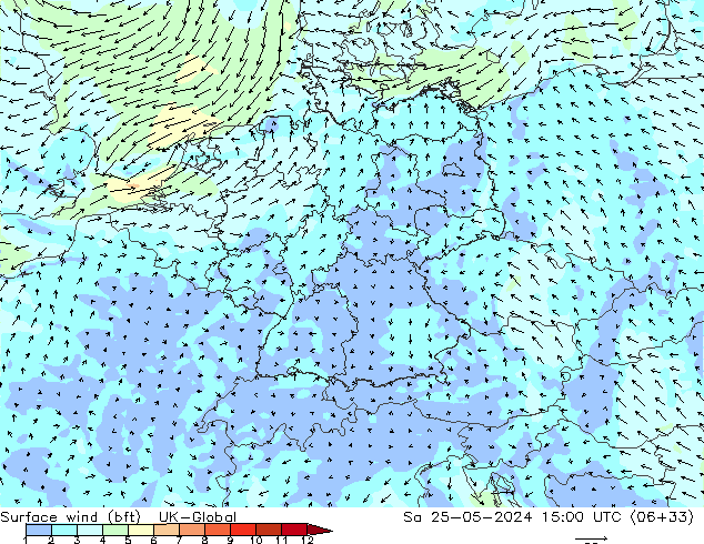 Surface wind (bft) UK-Global Sa 25.05.2024 15 UTC