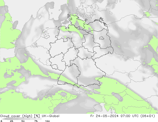 Cloud cover (high) UK-Global Fr 24.05.2024 07 UTC