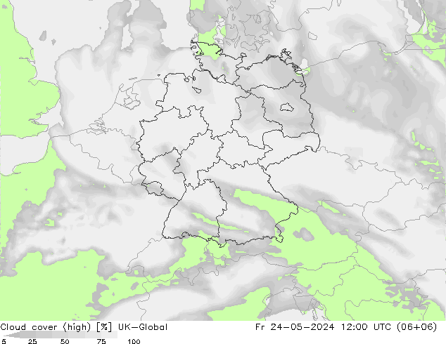 Cloud cover (high) UK-Global Fr 24.05.2024 12 UTC