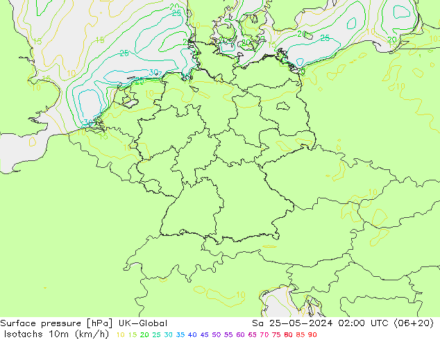 Isotachen (km/h) UK-Global za 25.05.2024 02 UTC