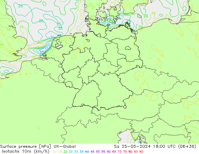 Isotachs (kph) UK-Global Sa 25.05.2024 18 UTC