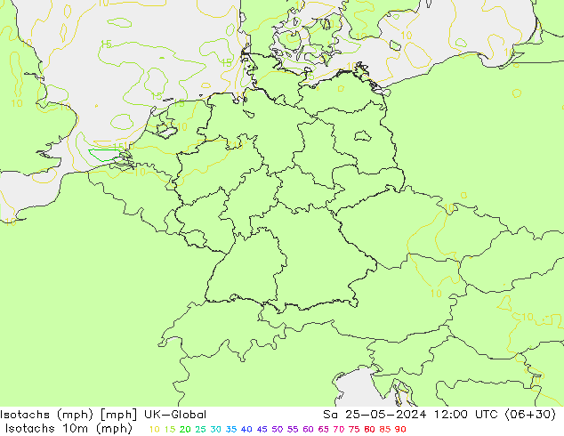 Isotachen (mph) UK-Global za 25.05.2024 12 UTC
