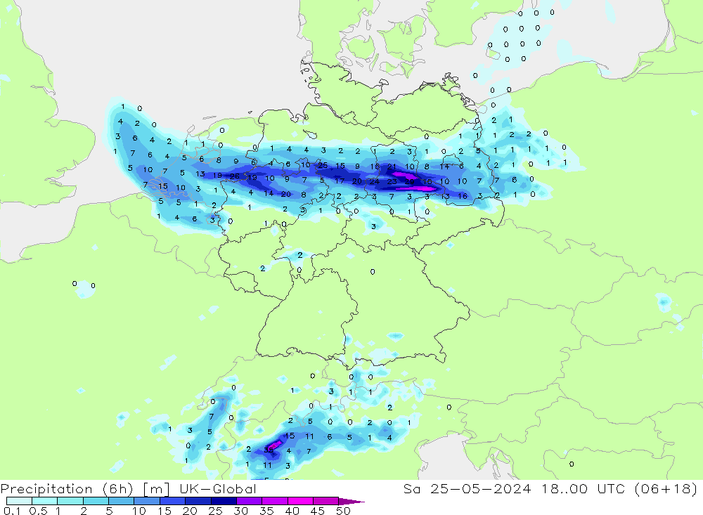 降水量 (6h) UK-Global 星期六 25.05.2024 00 UTC