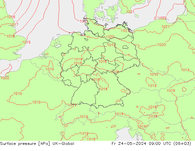 Pressione al suolo UK-Global ven 24.05.2024 09 UTC