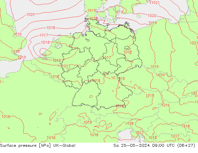 Pressione al suolo UK-Global sab 25.05.2024 09 UTC