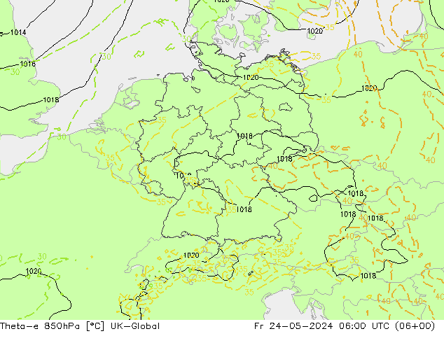 Theta-e 850hPa UK-Global Fr 24.05.2024 06 UTC