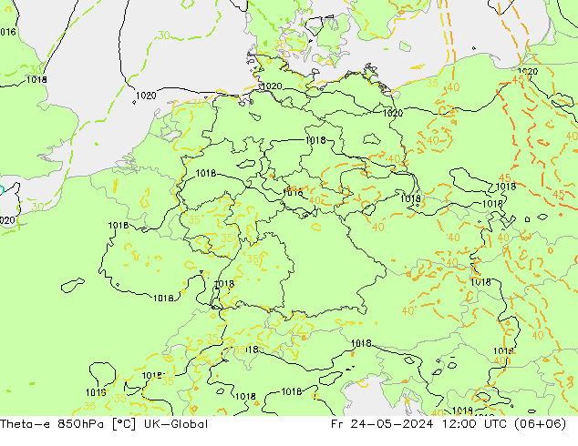 Theta-e 850hPa UK-Global  24.05.2024 12 UTC