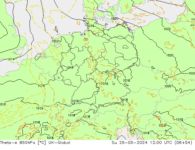 Theta-e 850hPa UK-Global Su 26.05.2024 12 UTC