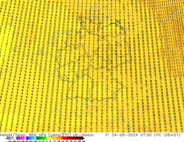 Height/Temp. 850 hPa UK-Global Fr 24.05.2024 07 UTC