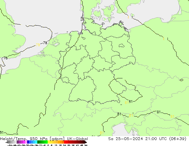 Height/Temp. 950 hPa UK-Global sab 25.05.2024 21 UTC