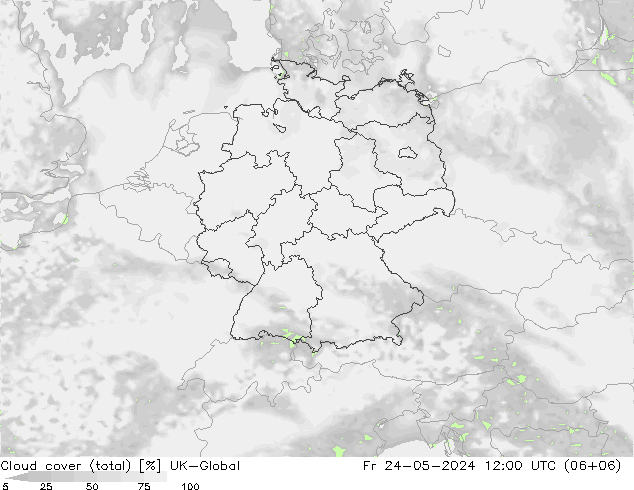 Cloud cover (total) UK-Global Pá 24.05.2024 12 UTC