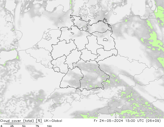 Cloud cover (total) UK-Global Pá 24.05.2024 15 UTC