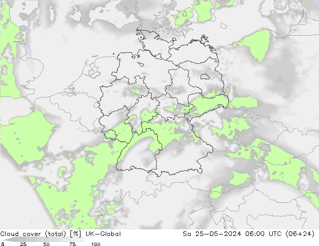 Bewolking (Totaal) UK-Global za 25.05.2024 06 UTC