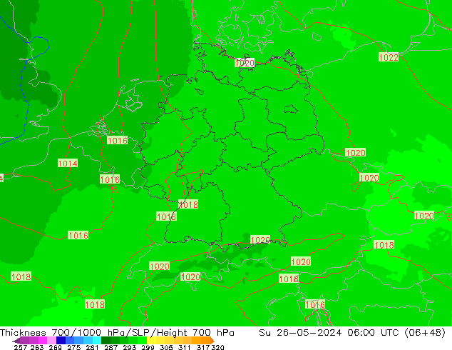 Thck 700-1000 hPa UK-Global dom 26.05.2024 06 UTC